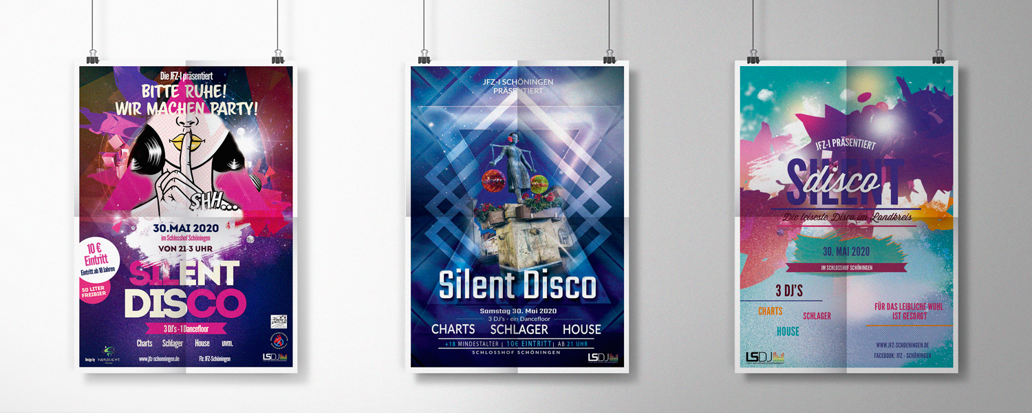 Poster Werbung für einen Silent Disco in Schöningen (Entwürfe)